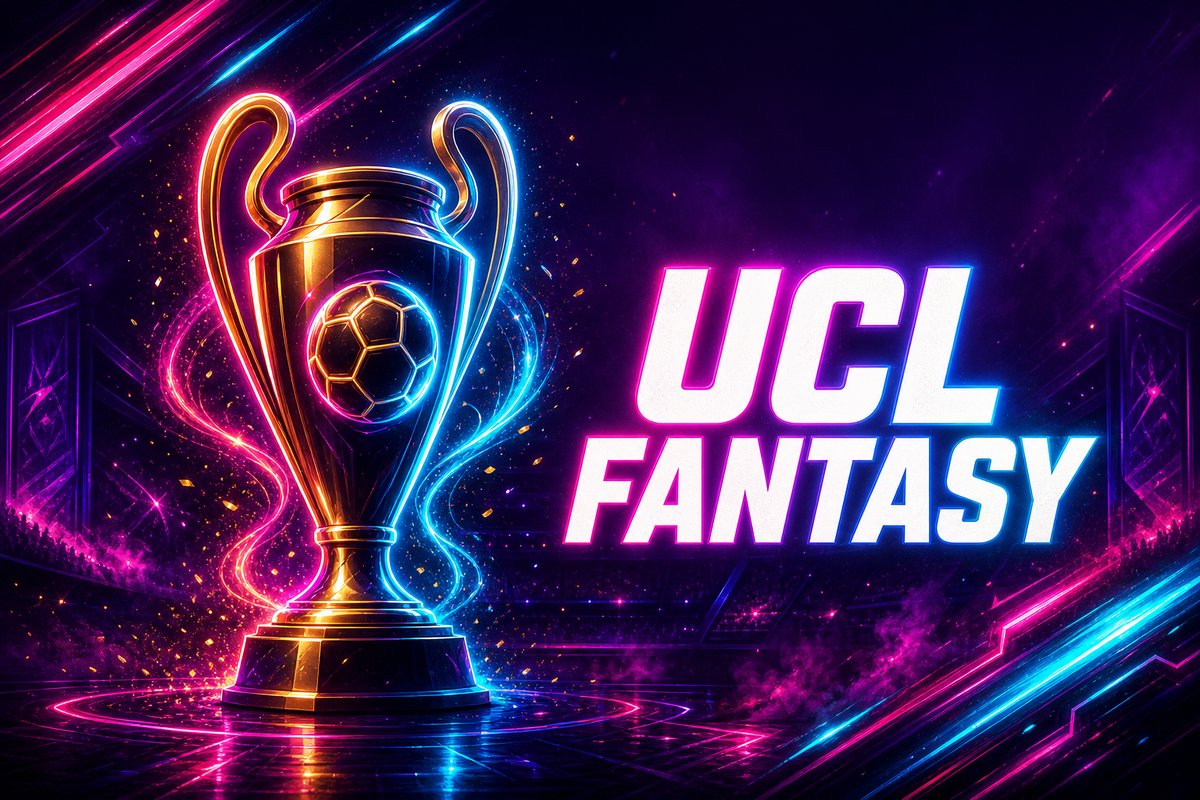 Banner UCL Fantasy stile esports neon con trofeo